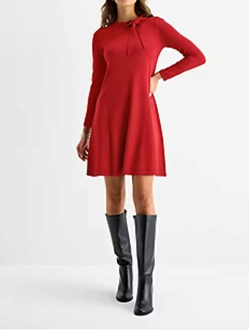 Robbie Bee Red Long-Sleeve Tie-Neck A-Line Sweater Dress Sz S